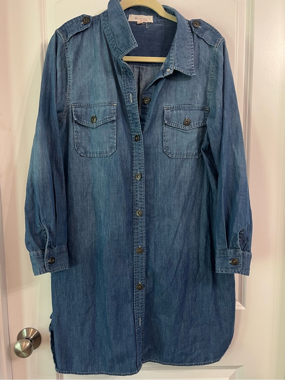 Turbo by Vince Camuto Blue Denim Shirt Dress Long Sleeves Front Pockets Sz Large